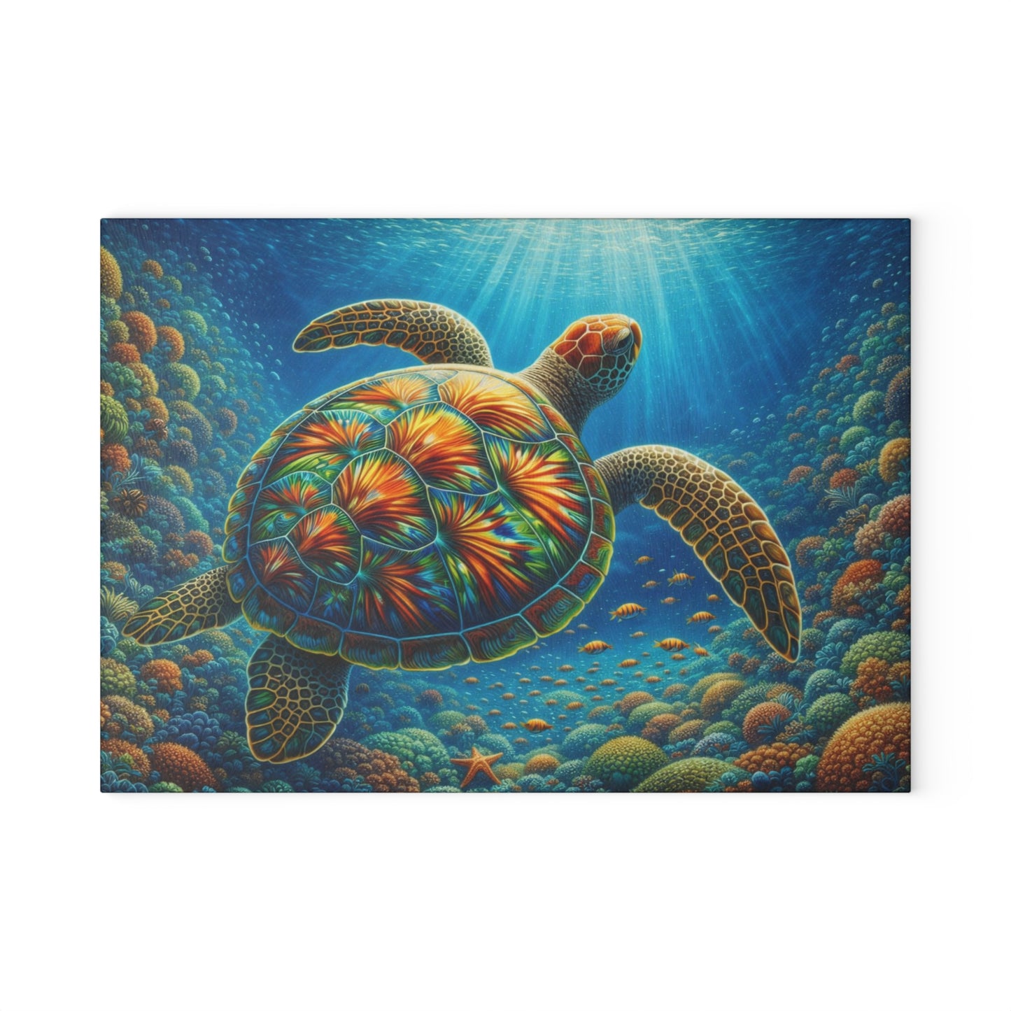 Radiant Sea Turtle Glass Cutting Board – Vibrant Ocean Life Artwork
