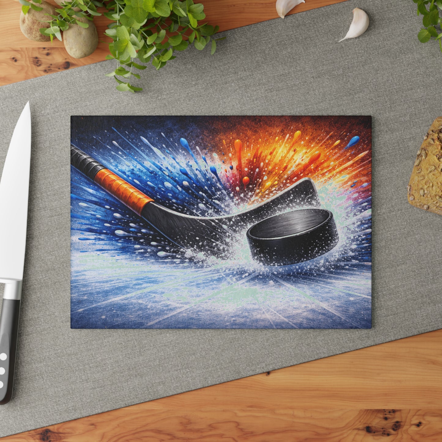 Hockey Stick and Puck Glass Cutting Board – Color Splash Ice Hockey Sports Artwork