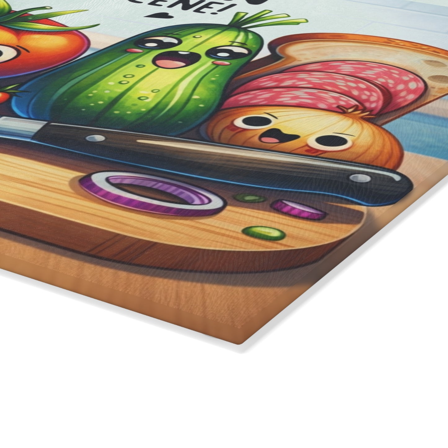 Kitchen Crime Scene Glass Cutting Board – Funny Vegetable Cartoon Kitchen Decor