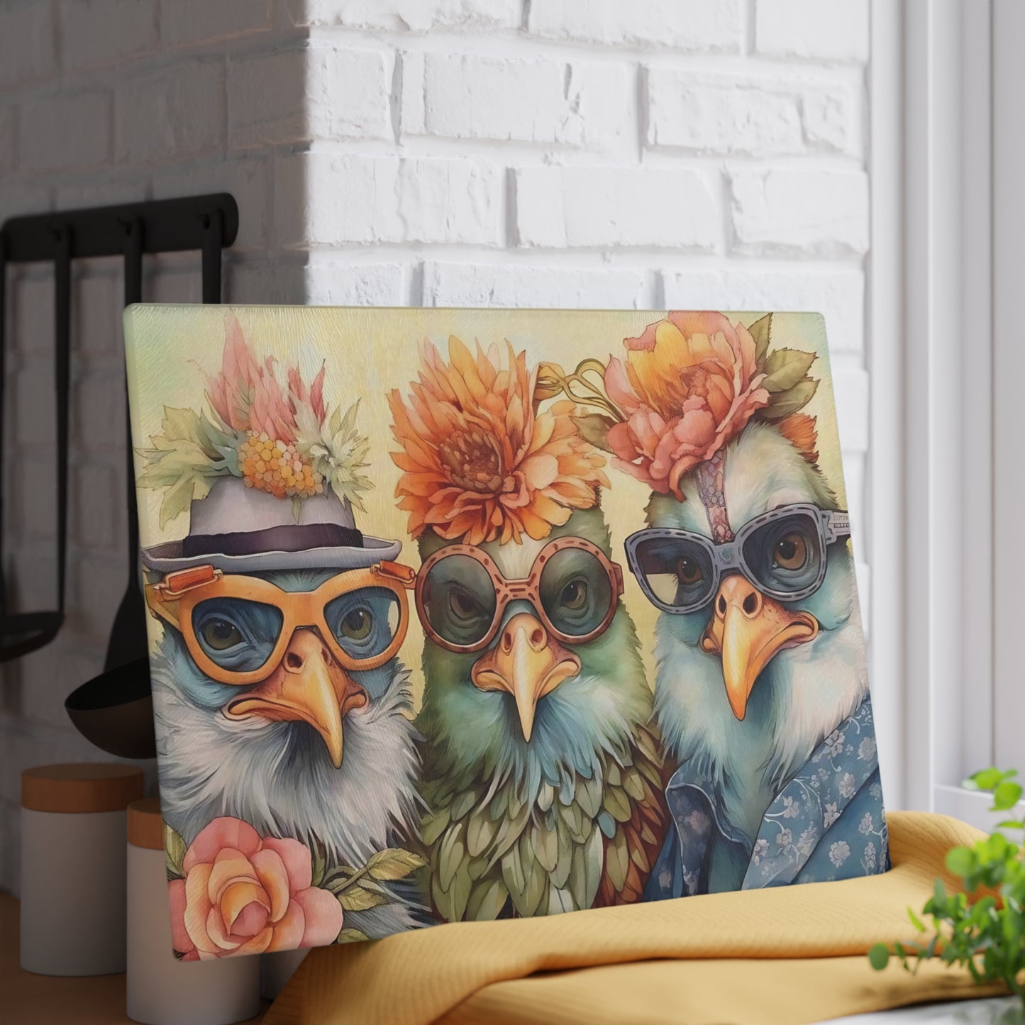 🕶️🌸 Feathered Friends Fun – Whimsical Birds Glass Cutting Board with Style and Sass 🐦