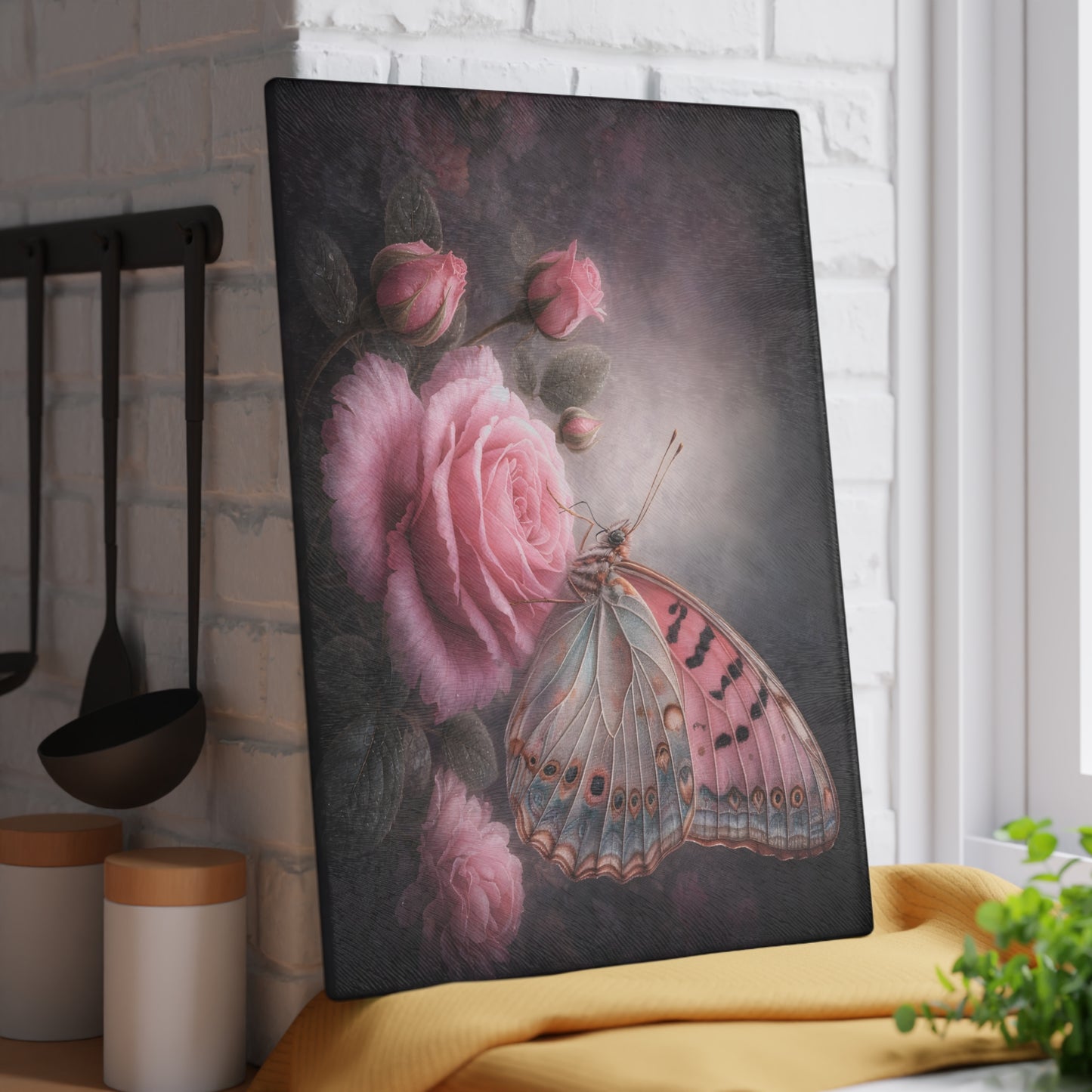 Blush Butterfly & Rose Glass Cutting Board – Elegant Floral Butterfly Kitchen Art