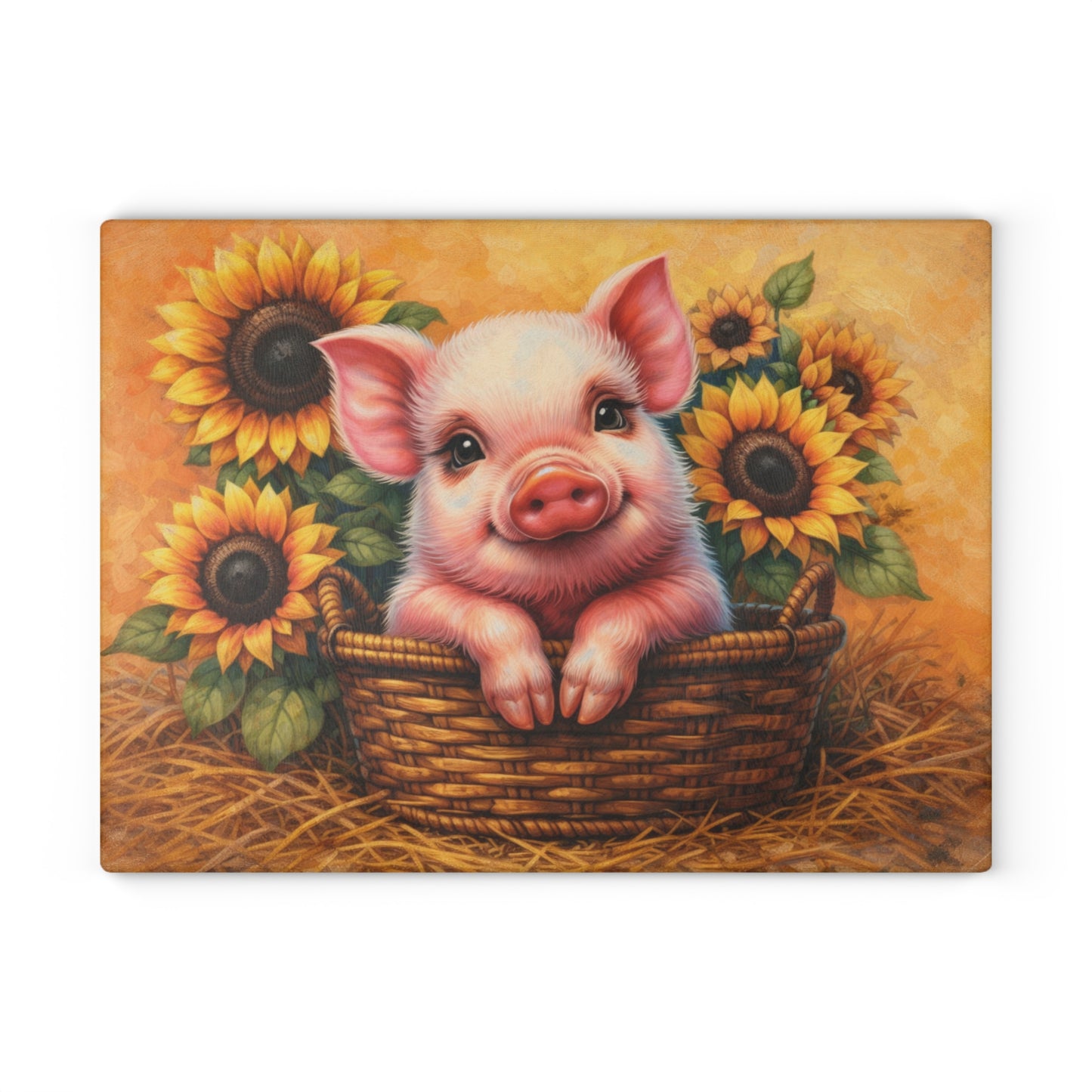Sunflower Piglet Glass Cutting Board – Whimsical Farmhouse Kitchen Decor