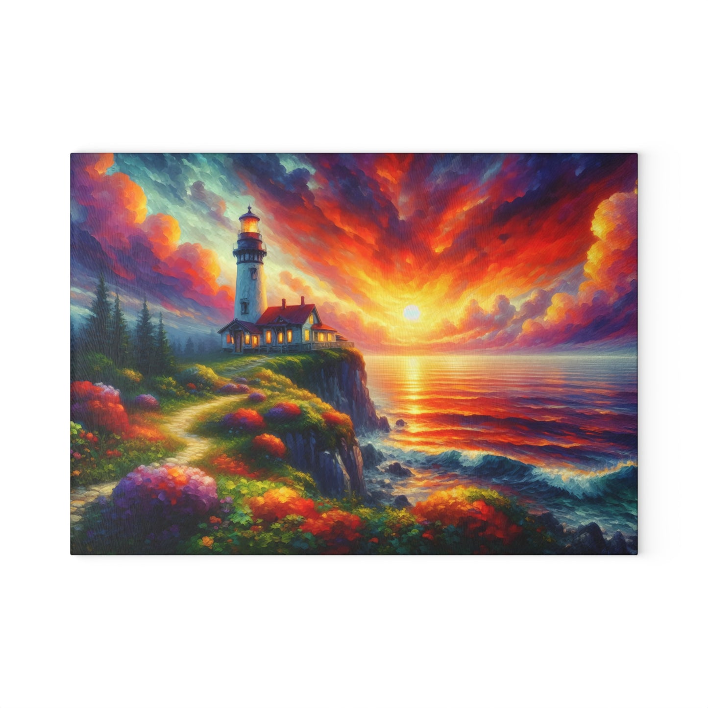 Radiant Lighthouse Sunset Glass Cutting Board – Coastal Seascape Art Kitchen Display