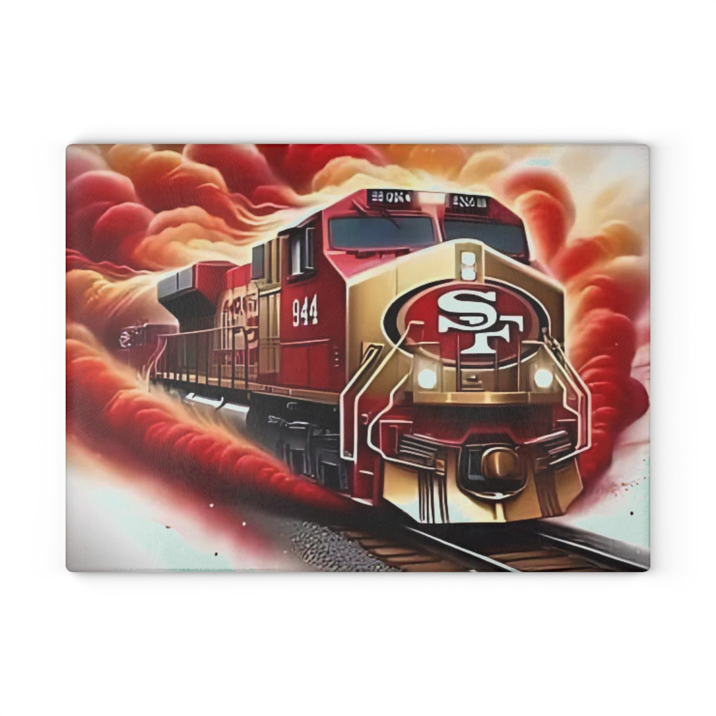 Tabla de cortar de vidrio Express roja y dorada: arte de tren de lujo para cocinas elegantes y clásicas