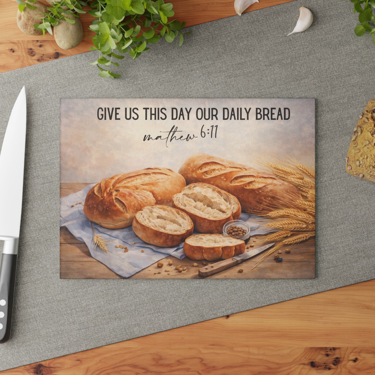 Give Us This Day Our Daily Bread Glass Cutting Board – Matthew 6:11 Faith-Inspired Kitchen Art