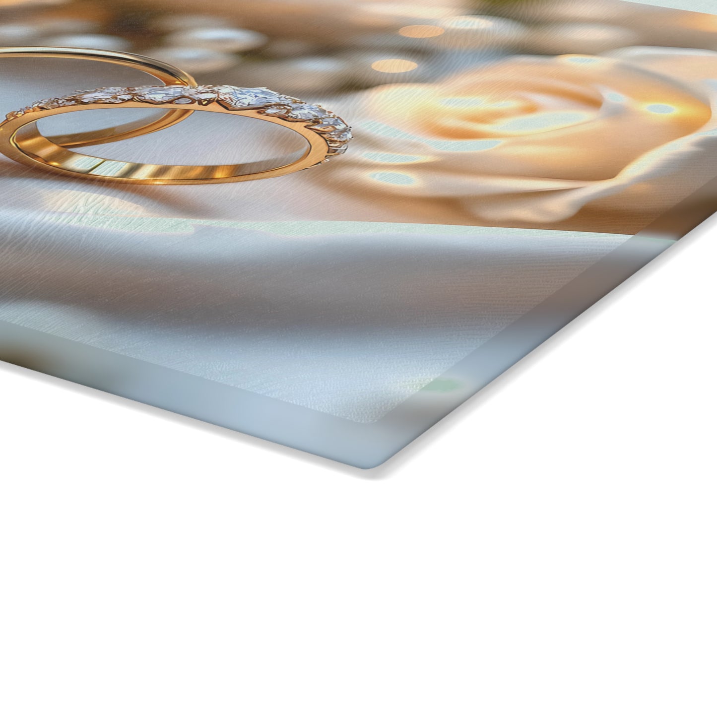 💒 White Rose & Gold Rings Cutting Board – Timeless Elegance for Weddings & Love