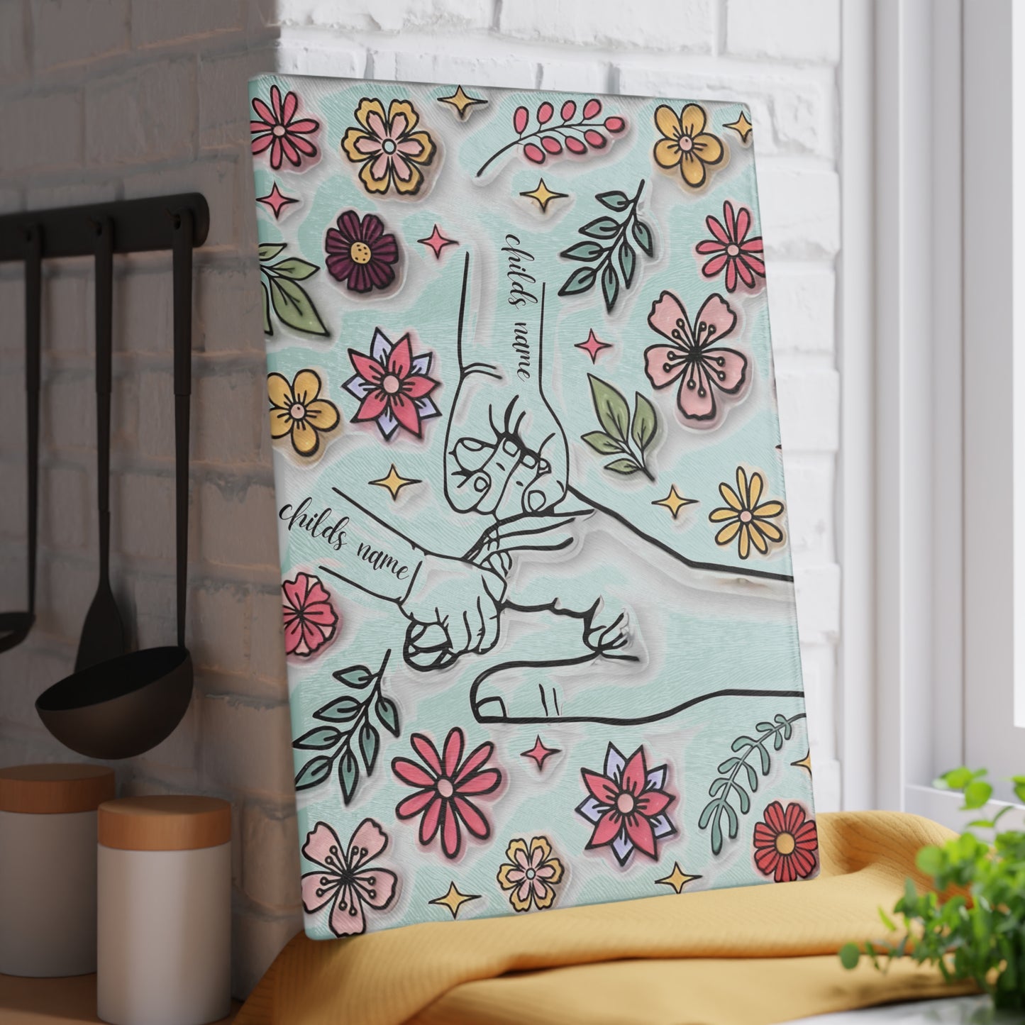 Tabla de cortar de vidrio templado personalizada con las manos de la madre | Arte floral 3D | Nombres personalizados para niños | Regalo para el Día de la Madre
