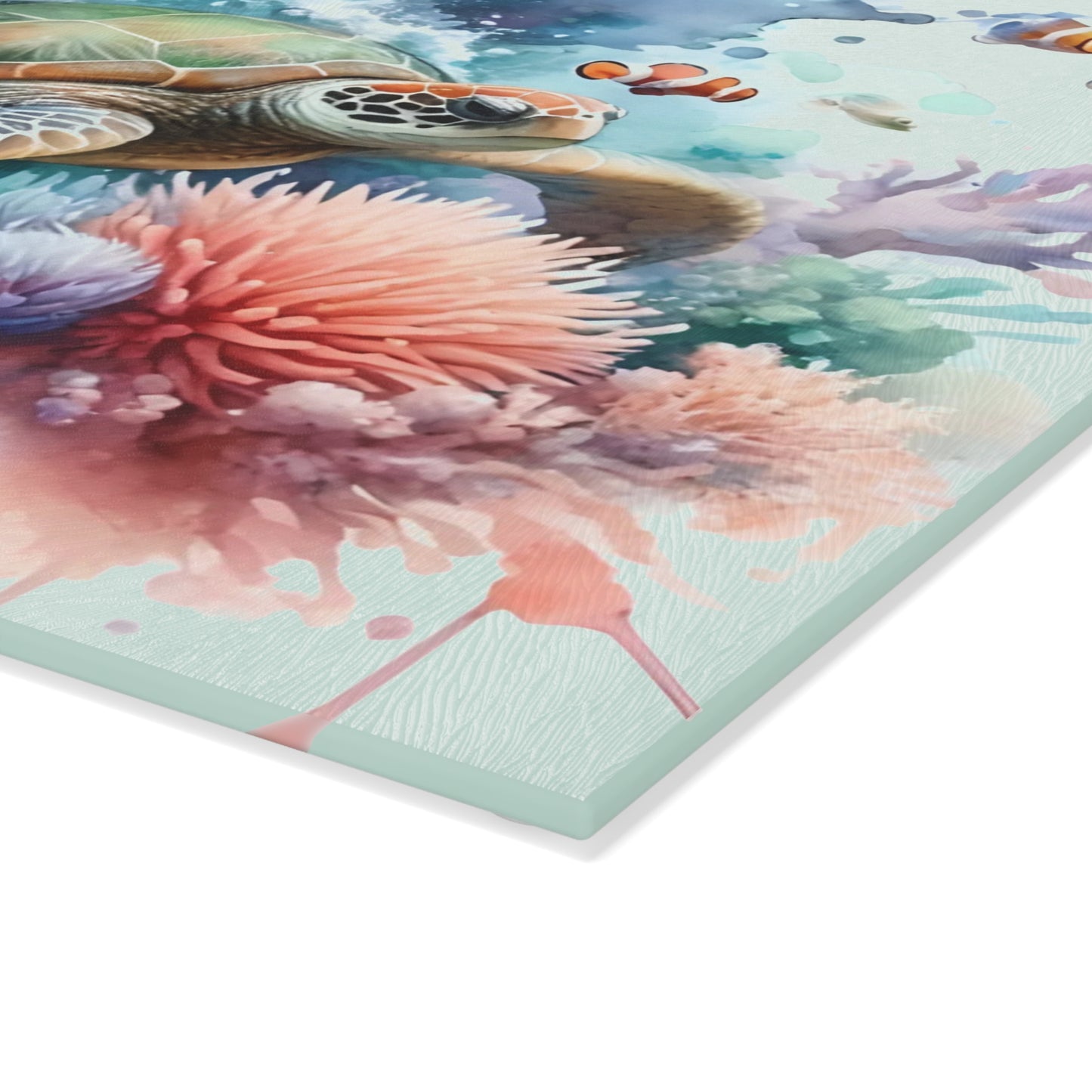Pastel Coral Splash Sea Turtle Cutting Board – Tranquil Reef Elegance for Your Kitchen