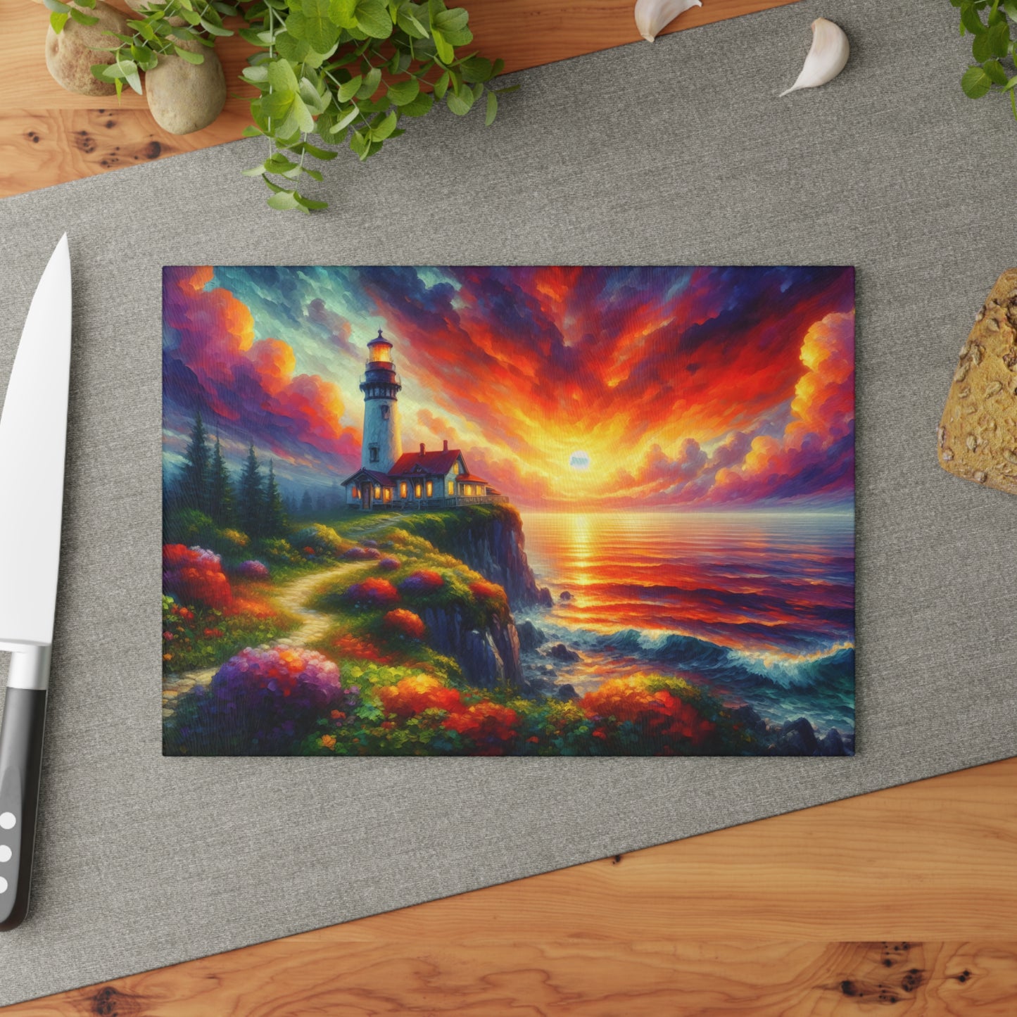 Radiant Lighthouse Sunset Glass Cutting Board – Coastal Seascape Art Kitchen Display