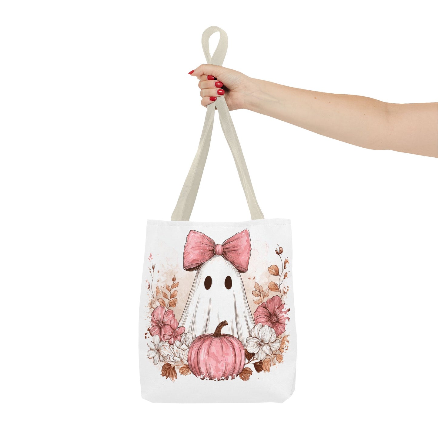 👻 Pink Bow Ghost Floral Halloween Tote Bag – Spooky Cute with Fall Charm 🎀👜