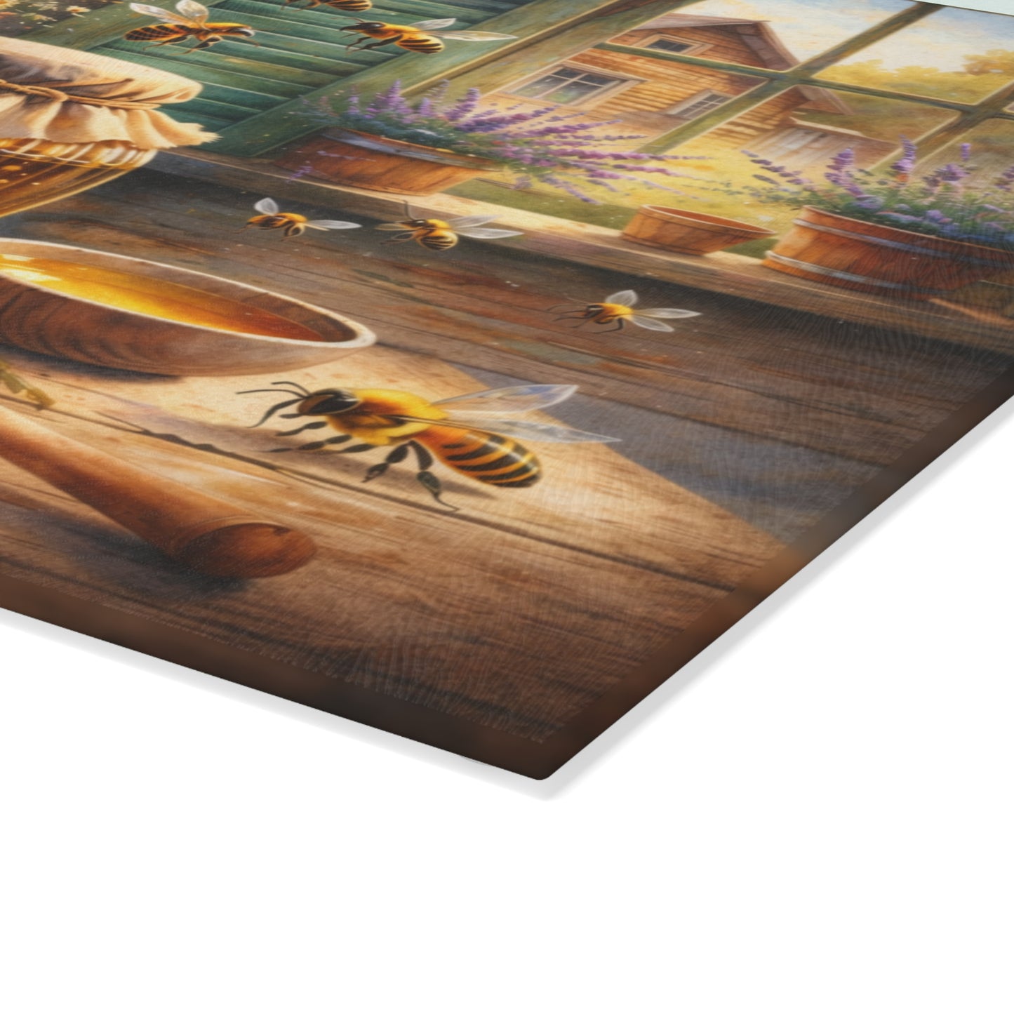 Golden Honey & Wildflowers Glass Cutting Board – Cozy Cottage Beekeeping Kitchen Art