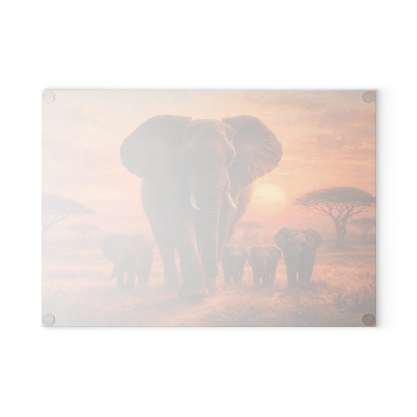 Elephant Family Sunset Safari Glass Cutting Board – Majestic Wildlife Landscape Kitchen Art