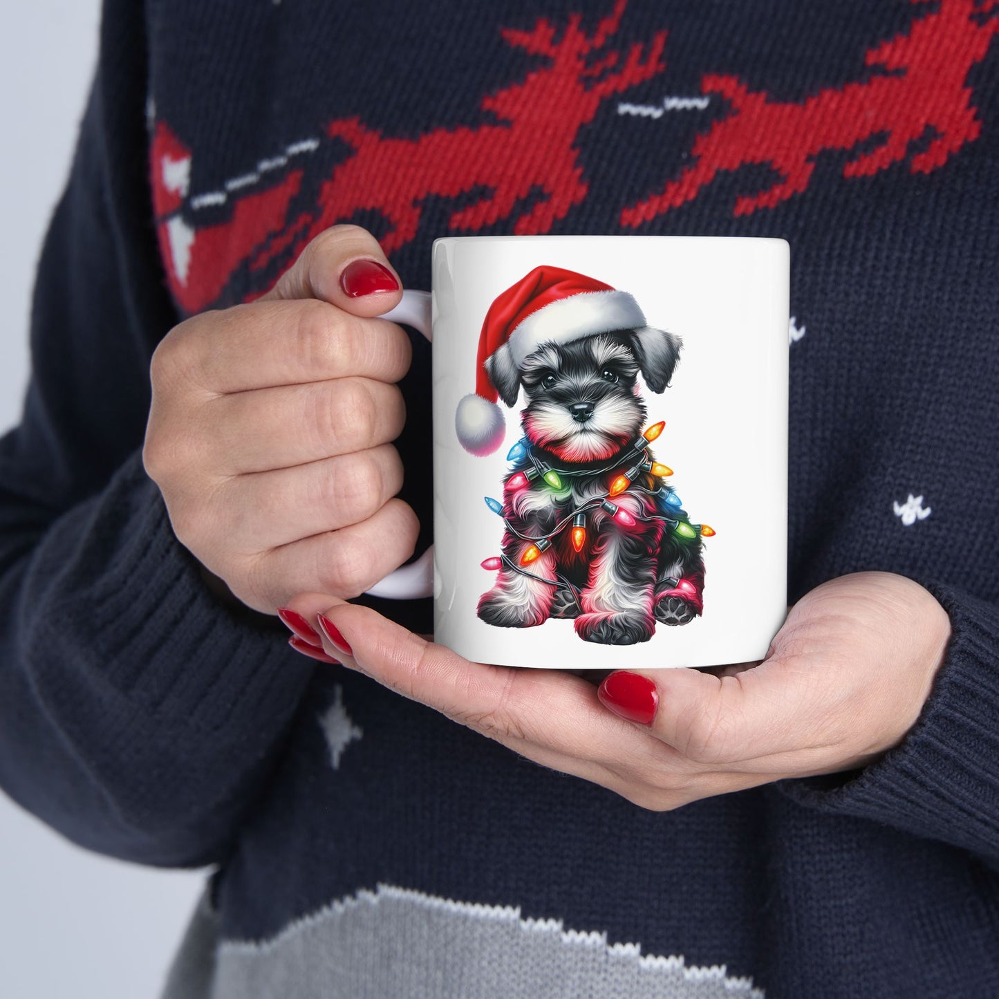🎄 Miniature Schnauzer Christmas Mug – Holiday Cheer with a Pup in Lights 🐾