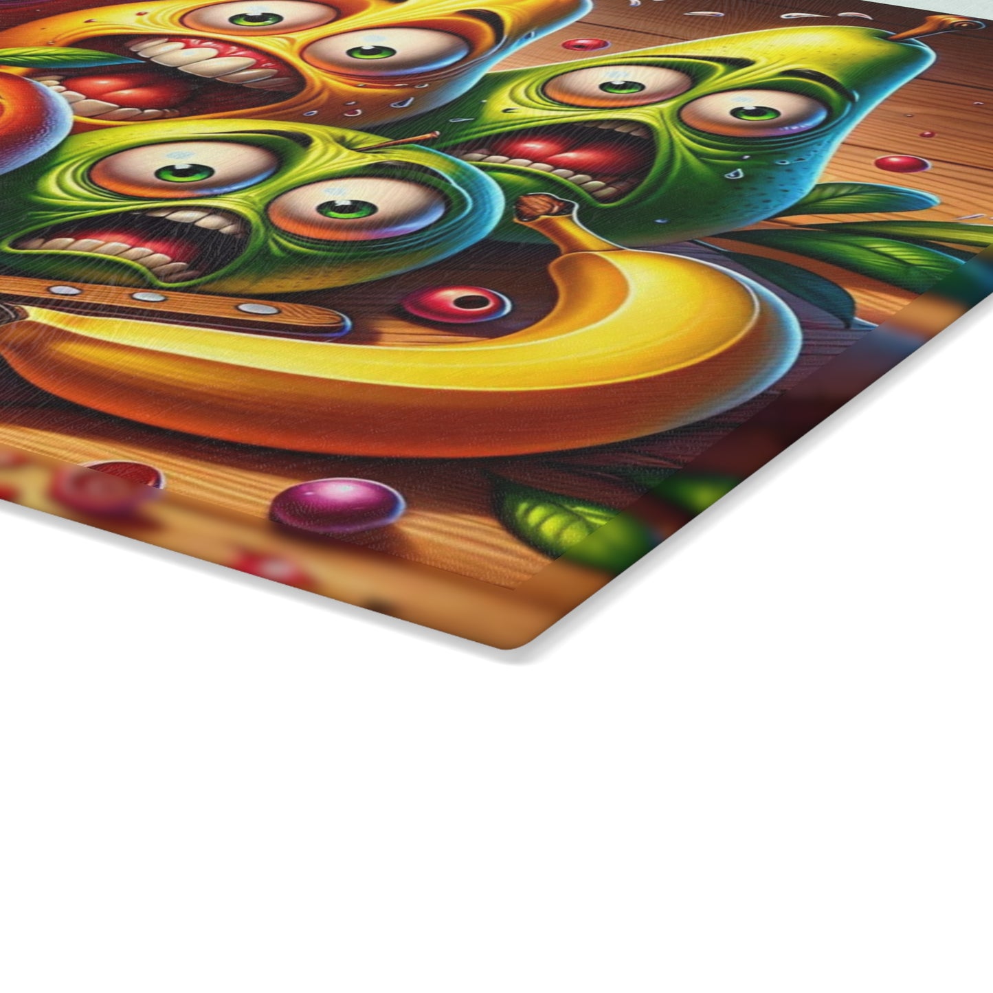 🍎🍐🍌😂 “Fruit Squad Panic” Glass Cutting Board – Silly Kitchen Laughs
