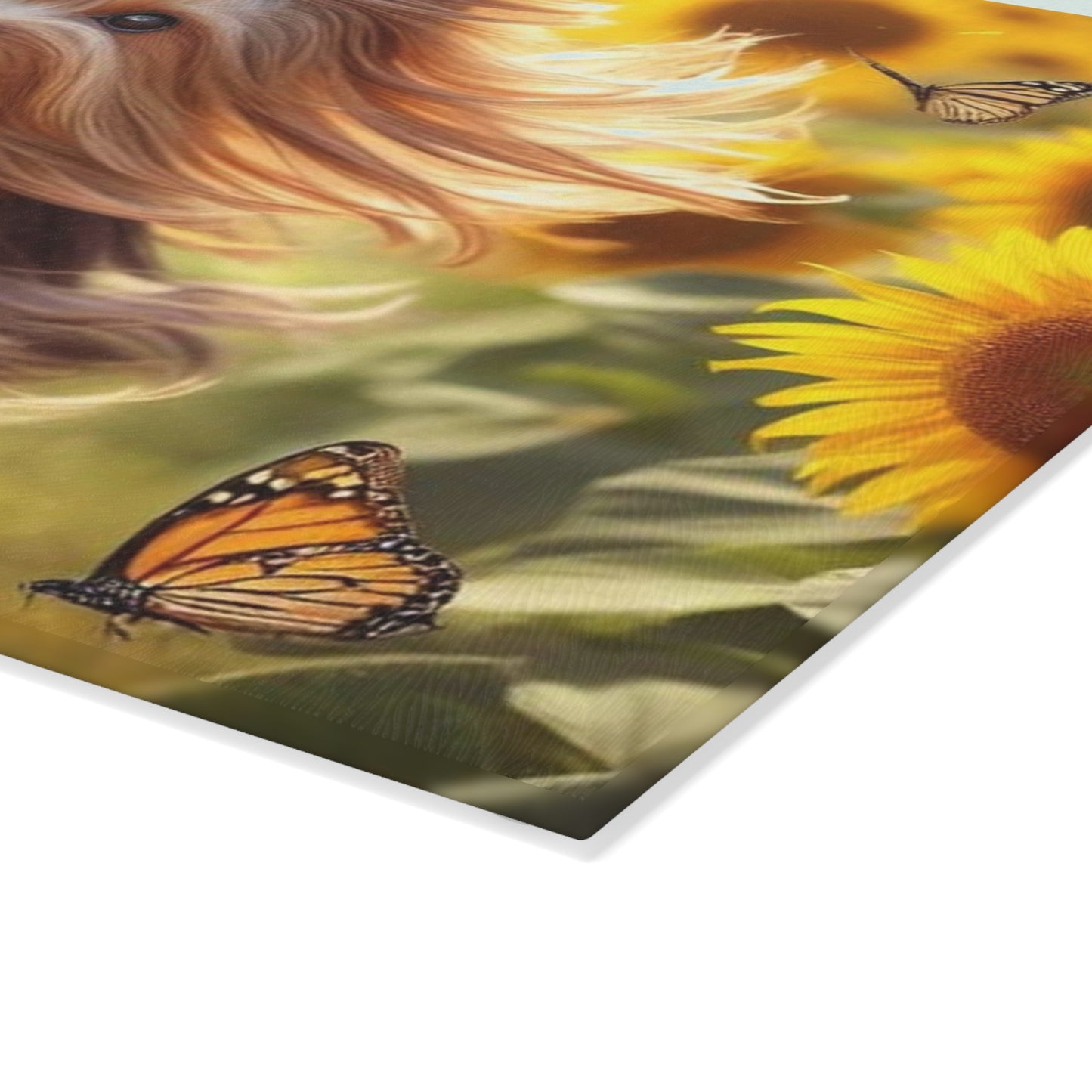Yorkshire Terrier entre los girasoles – Tabla de cortar de vidrio templado