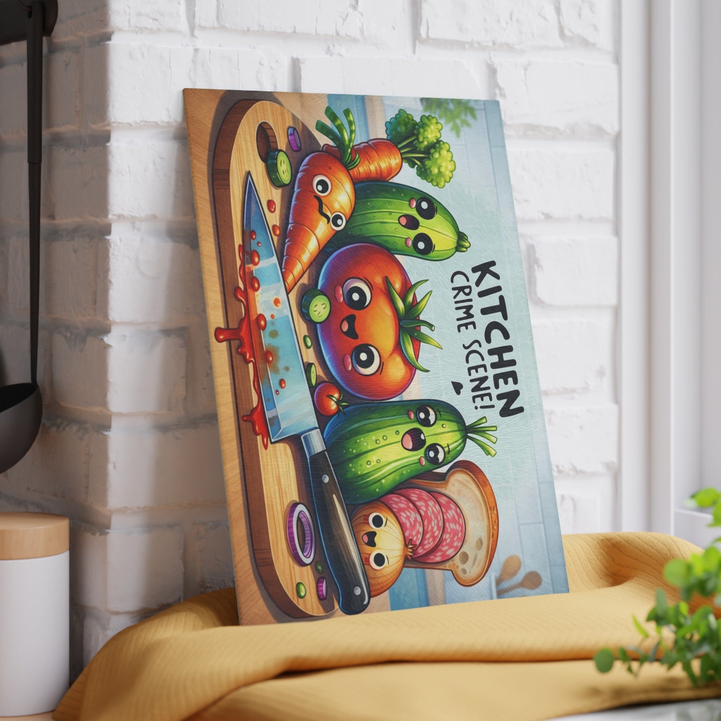 Kitchen Crime Scene Glass Cutting Board – Funny Vegetable Cartoon Kitchen Decor