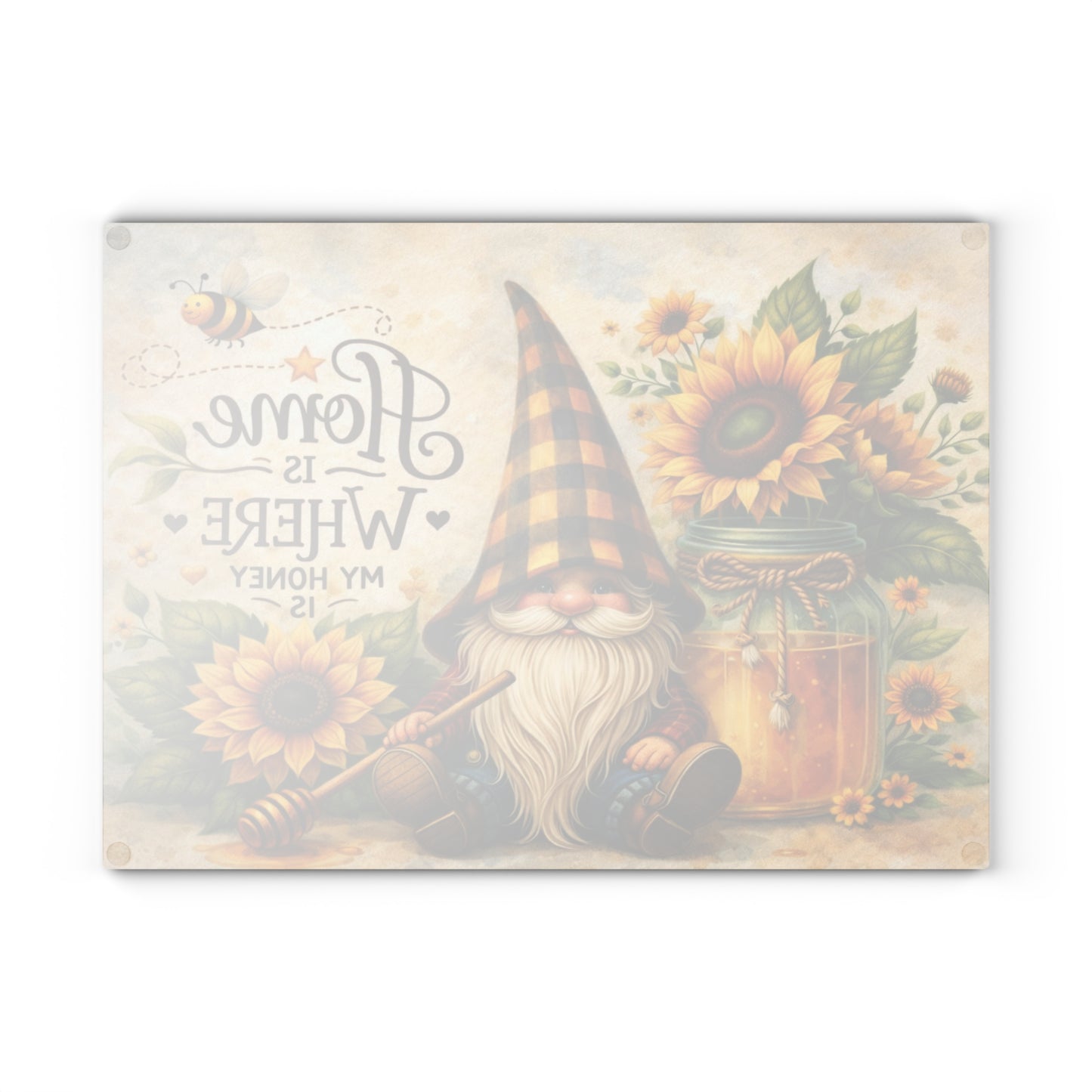 Sunflower Honey Gnome Glass Cutting Board – Cozy Farmhouse Kitchen Decor