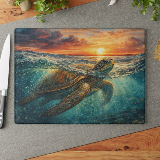 Sea Turtle Sunset Glass Cutting Board – Coastal Ocean Wildlife Kitchen Decor