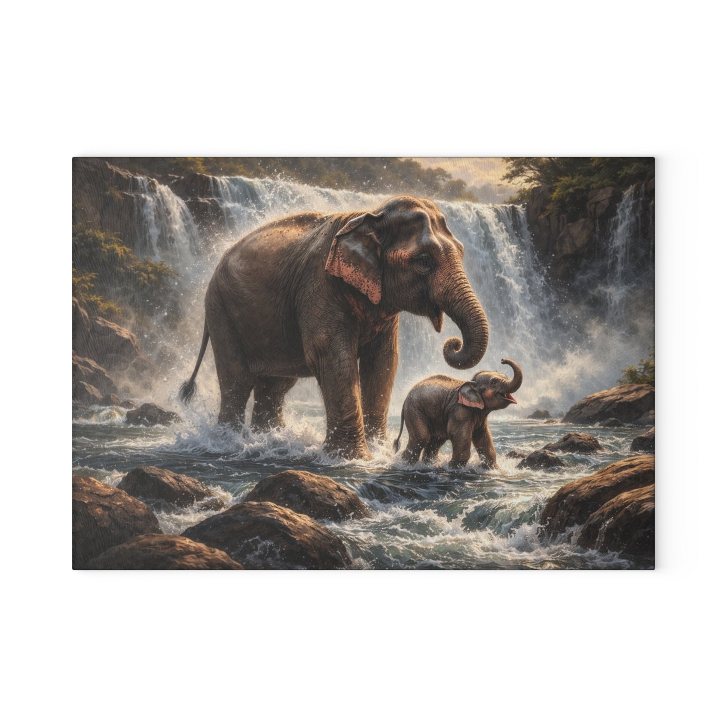 Elephant Waterfall Wildlife Glass Cutting Board – Majestic Nature Scene Kitchen Art