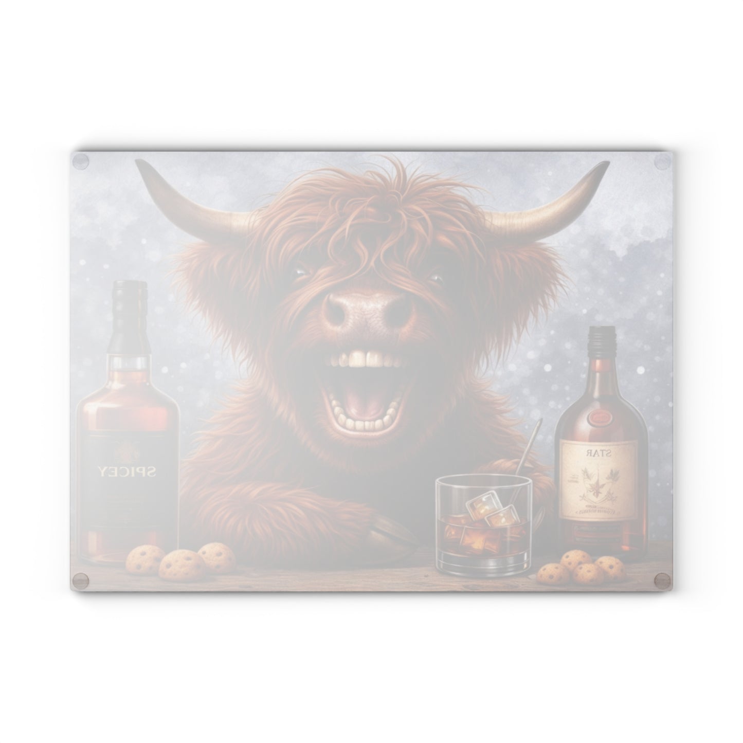 Laughing Highland Cow Bar Glass Cutting Board – Playful Farm Humor Art with Cozy Pub Style