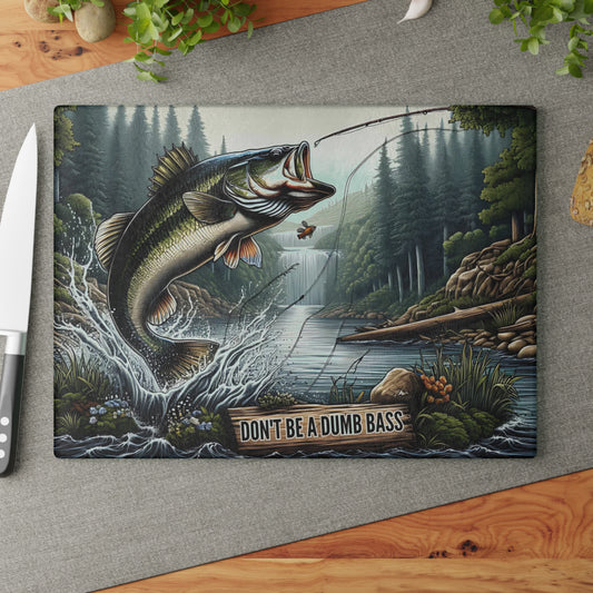 🎣🐟 Don’t Be a Dumb Bass Cutting Board – Funny Fishing Gift & Rustic Cabin Kitchen Décor 🇺🇸🌲