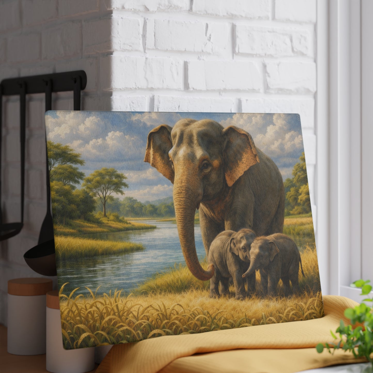 Elephant Family River Meadow Glass Cutting Board – Peaceful Wildlife Landscape Kitchen Art