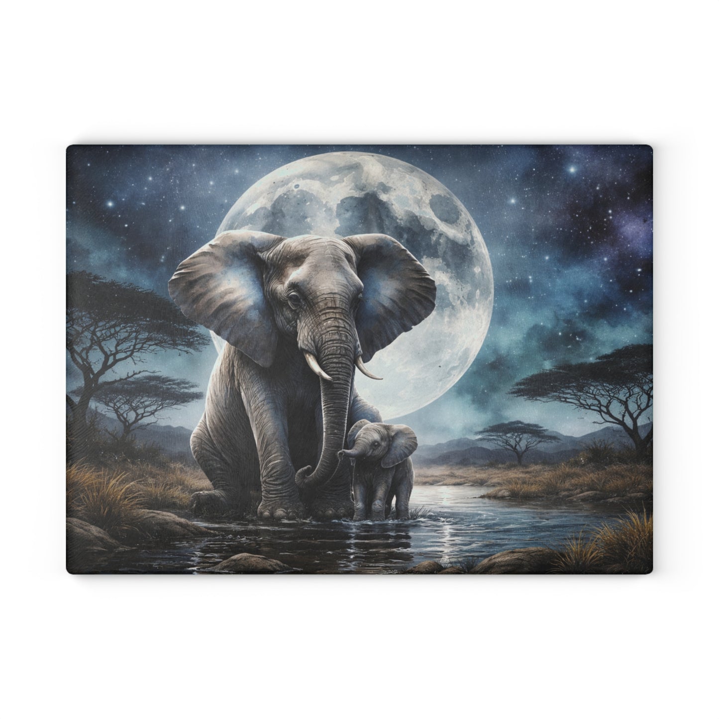Moonlit Elephant and Calf Glass Cutting Board – Mystical Night Safari Wildlife Art