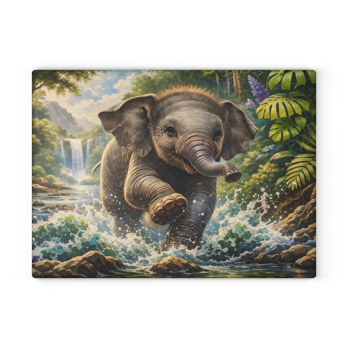 Playful Jungle Elephant Glass Cutting Board – Tropical Waterfall Wildlife Kitchen Art