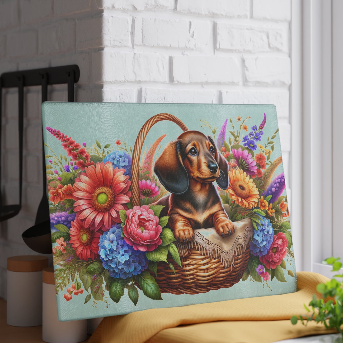🌸 Dachshund Floral Basket Cutting Board – Whimsical Charm for Your Kitchen