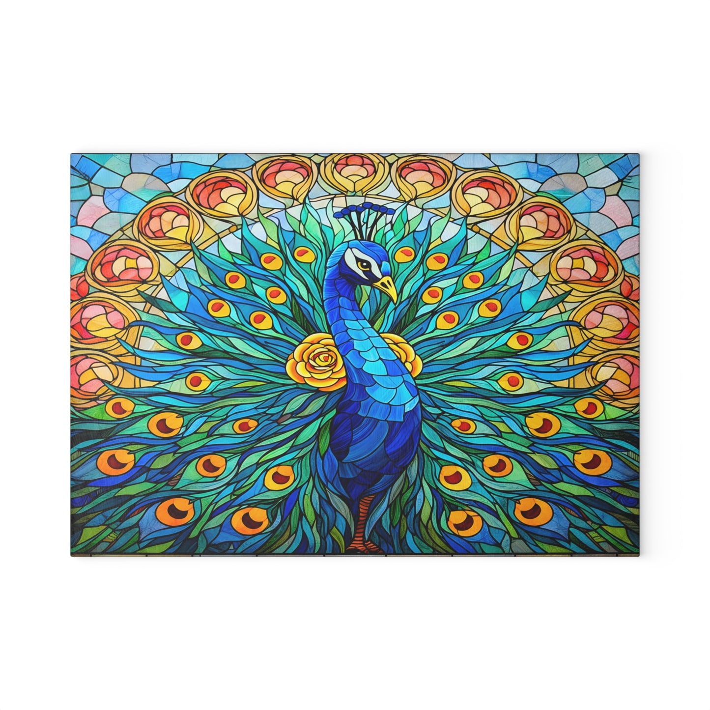 Stained Glass Style Peacock Glass Cutting Board – Vibrant Jewel-Tone Art Kitchen Decor