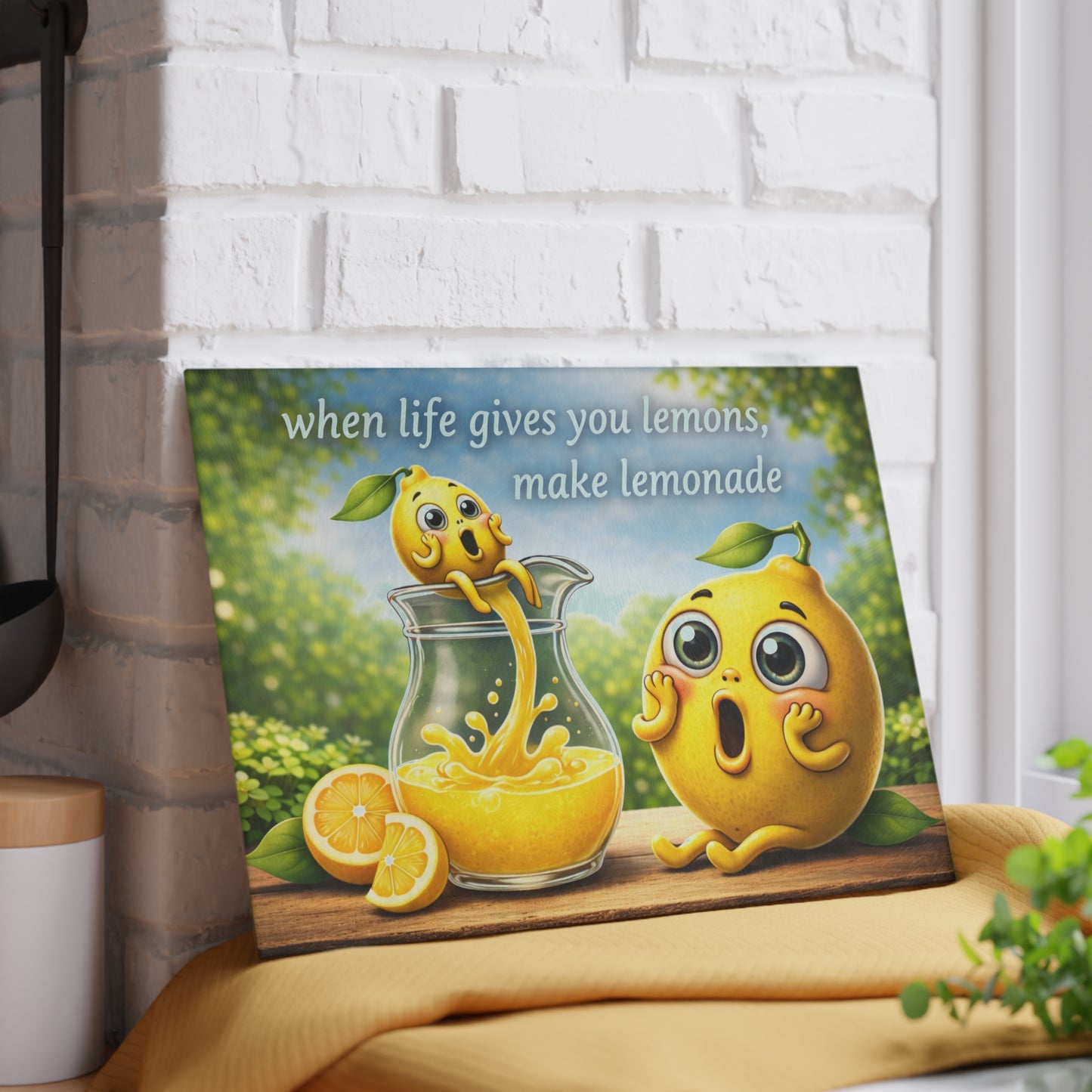 When Life Gives You Lemons Glass Cutting Board – Cute Lemonade Kitchen Art with Positive Quote