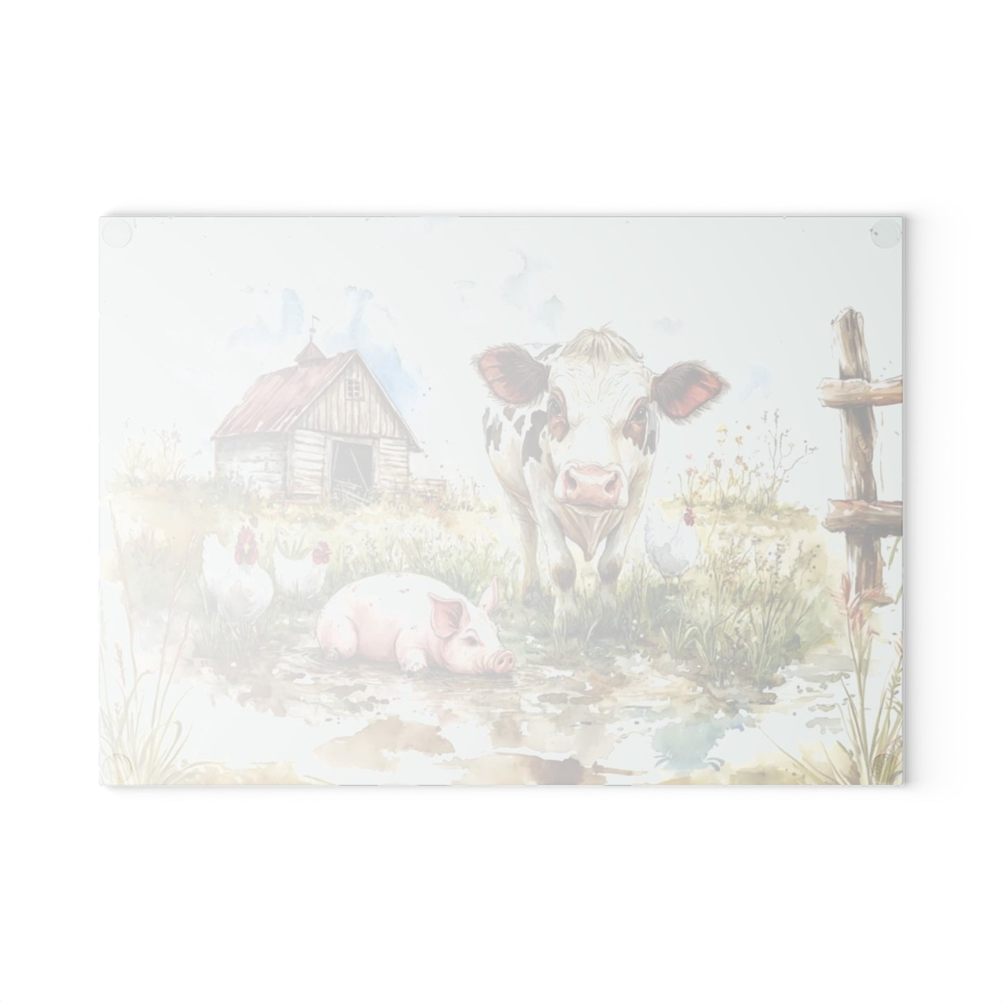 🐮🐷🐔 “Pasture Pals Farm Day” Glass Cutting Board – Sweet Country Scene