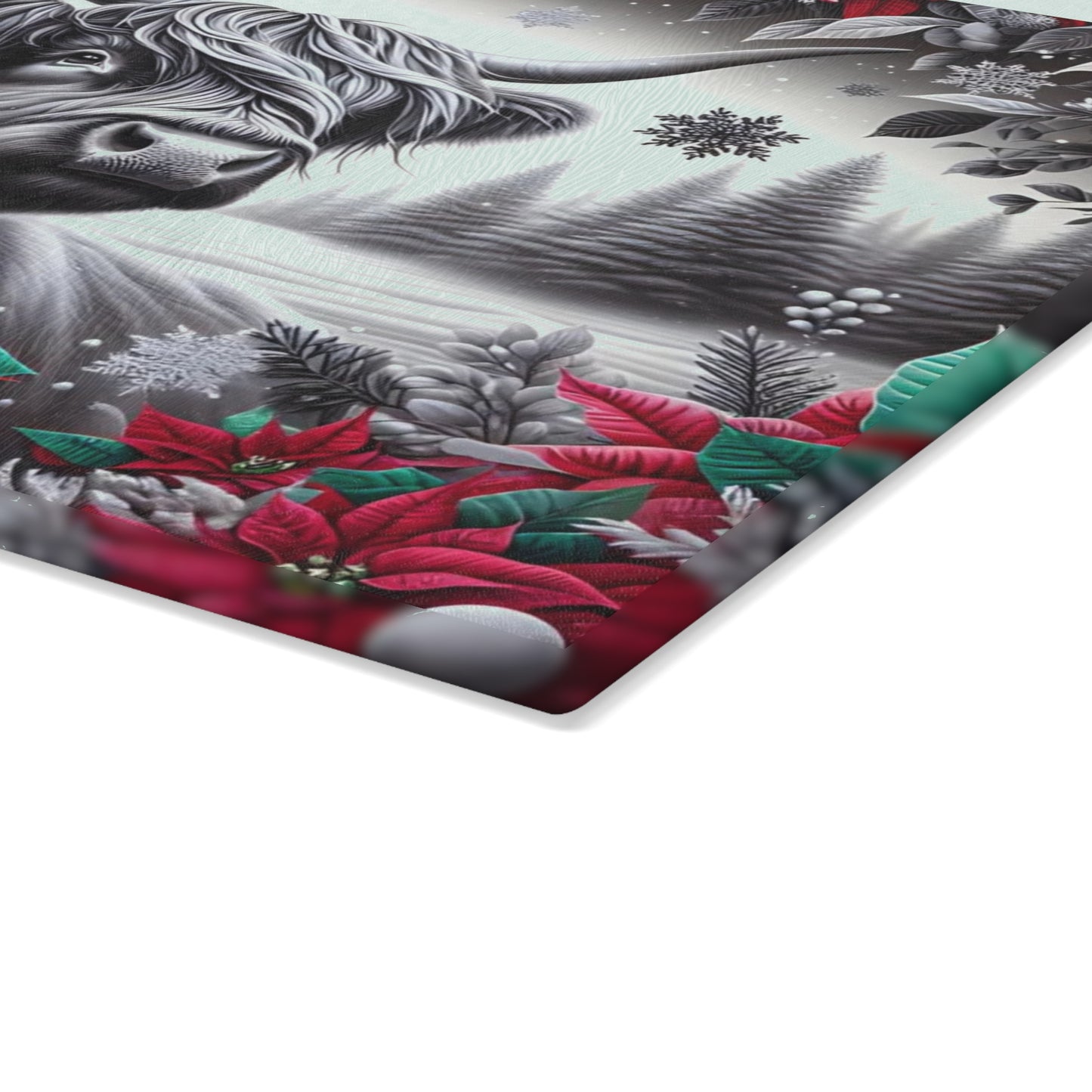 🐮❄️ “Winter Highland Cow” Glass Cutting Board – Rustic Christmas Charm for Your Kitchen