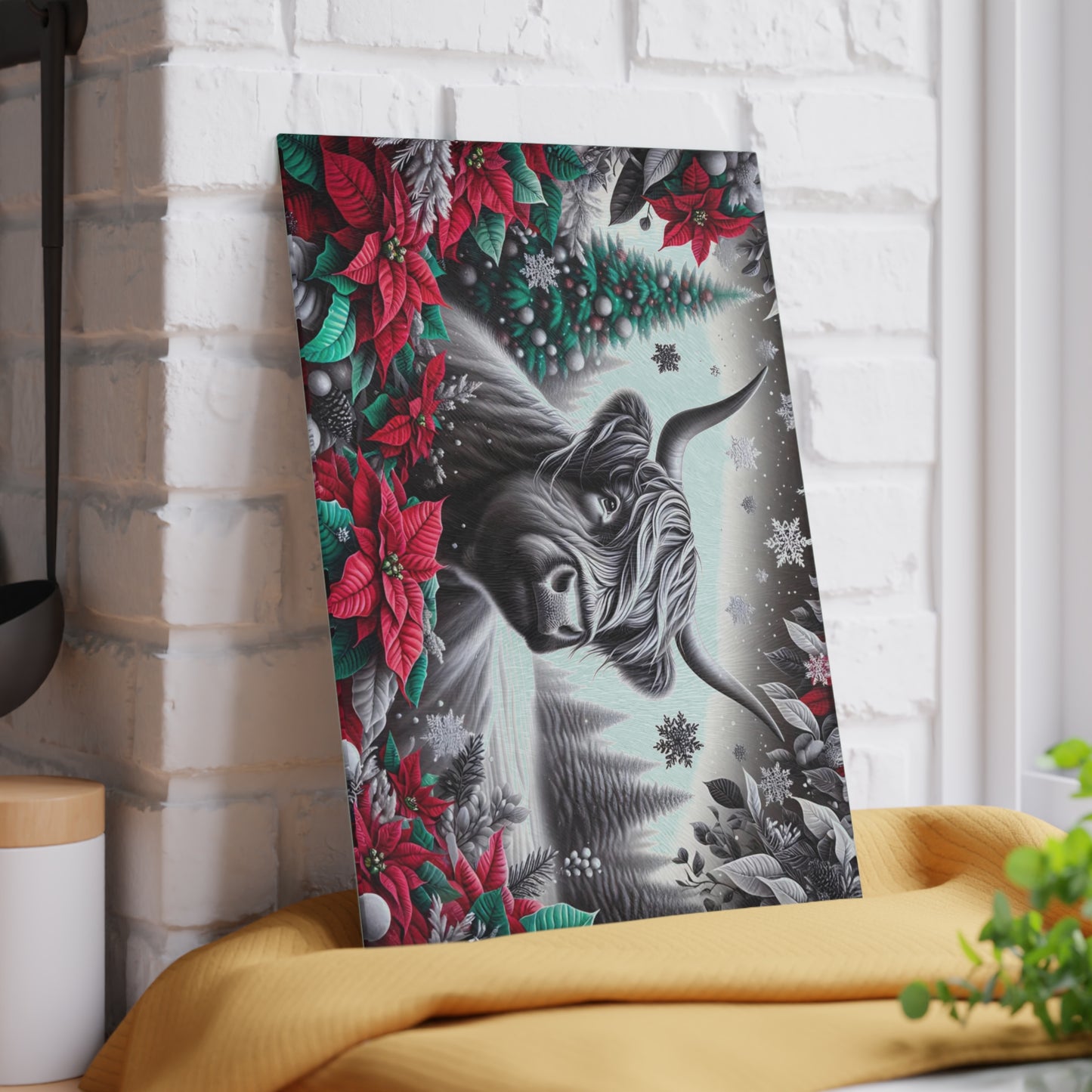 🐮❄️ “Winter Highland Cow” Glass Cutting Board – Rustic Christmas Charm for Your Kitchen