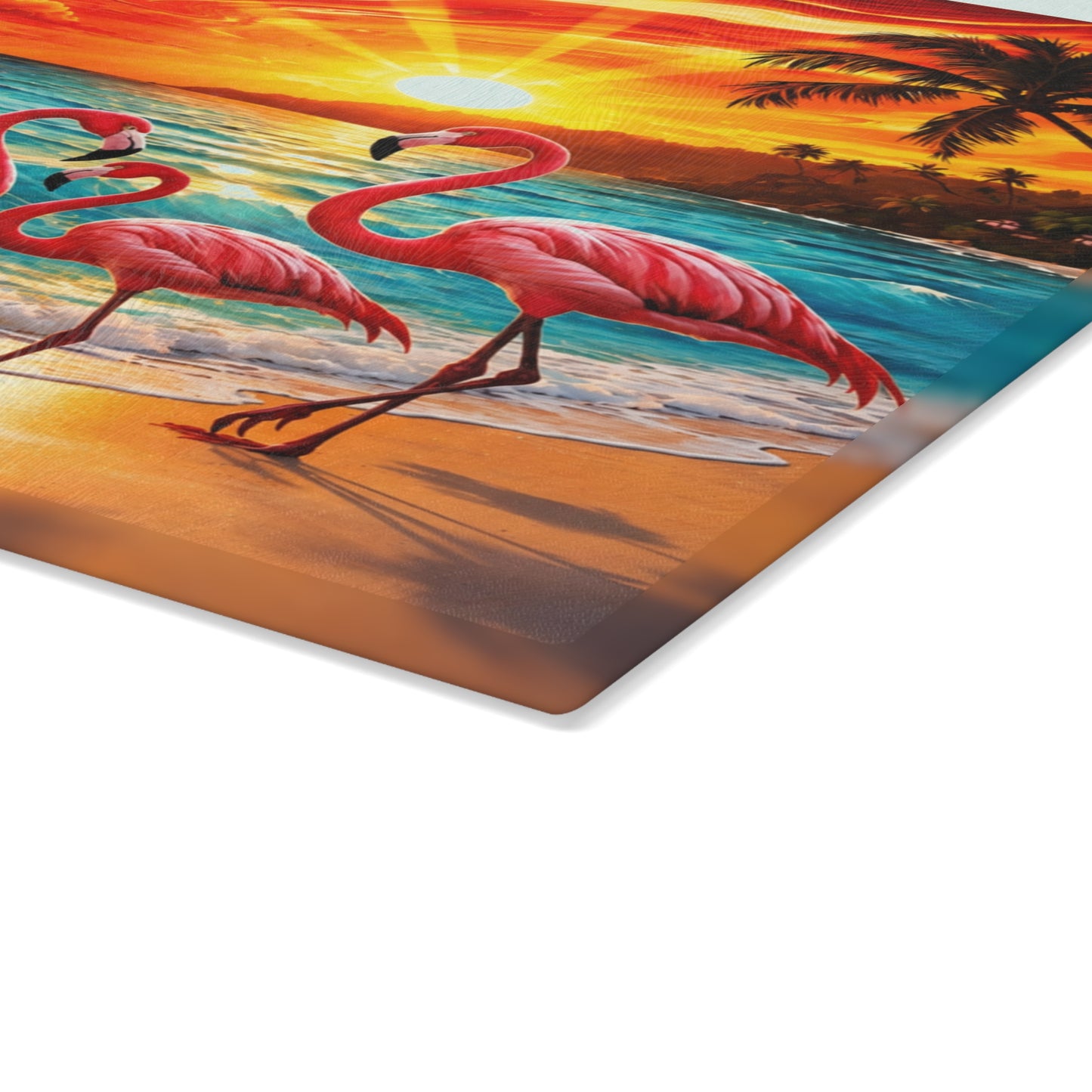 Vibrant Flamingo Sunset Glass Cutting Board – Tropical Coastal Kitchen Decor