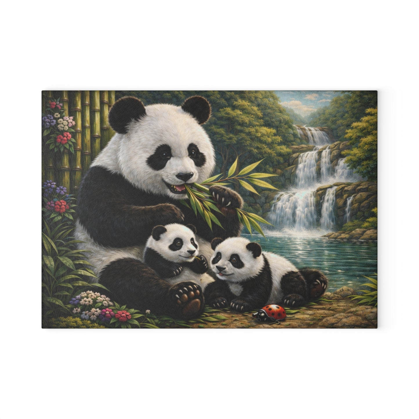Panda Family by Waterfall Glass Cutting Board – Peaceful Bamboo Forest Wildlife Artwork
