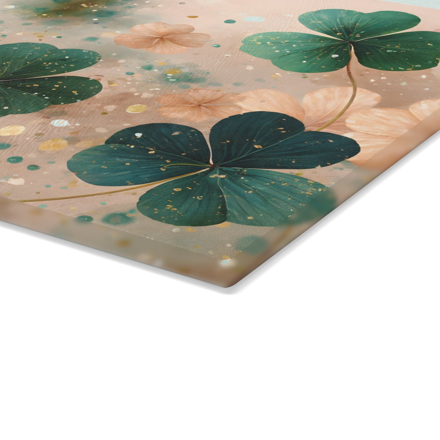Pastel Shamrock Floral Glass Cutting Board – Soft Irish Clover Spring Kitchen Art