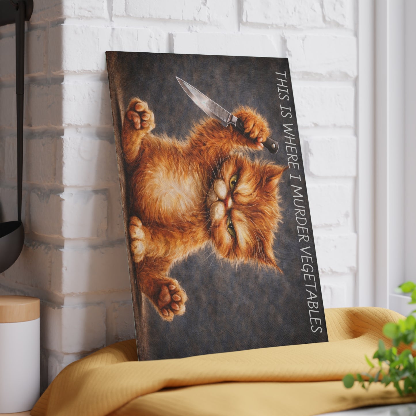This Is Where I Murder Vegetables Glass Cutting Board – Funny Grumpy Cat Kitchen Art