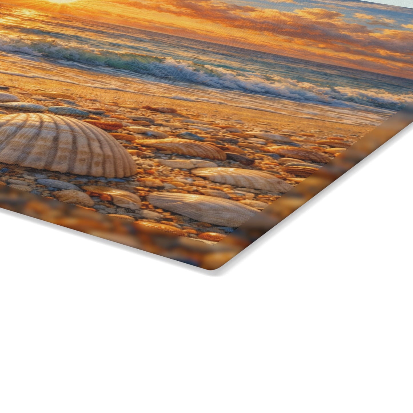 Golden Beach Sunrise Glass Cutting Board – Coastal Seashell Ocean Art