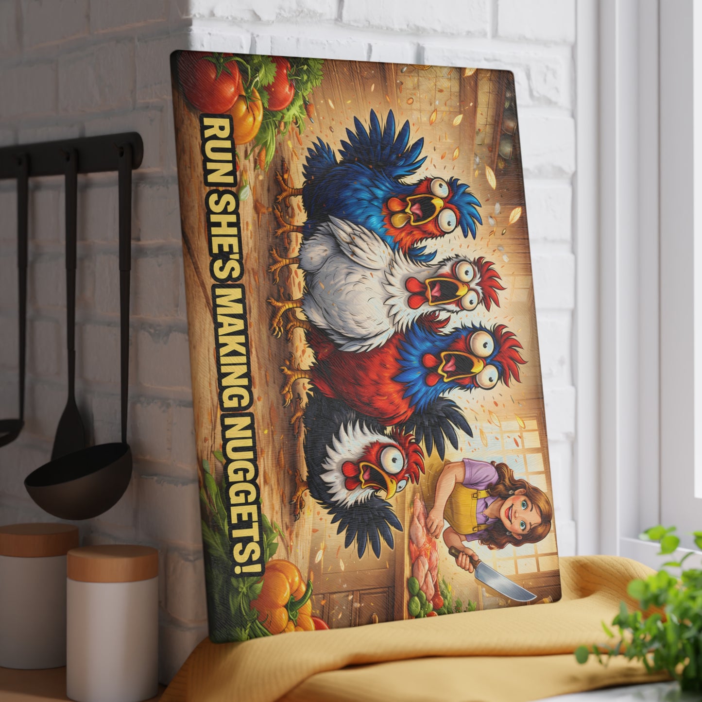 Run She’s Making Nuggets! Glass Cutting Board – Funny Chicken Kitchen Art