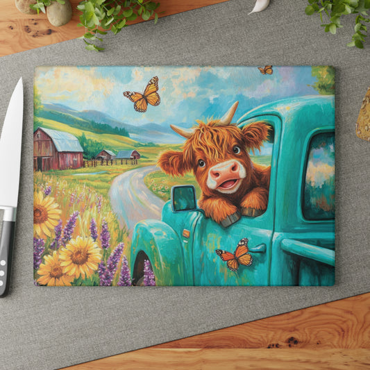 🚜🌻 Baby Highland Cow in Old Truck Glass Cutting Board – Rustic Farm Charm with Sunflowers & Barn 🌼
