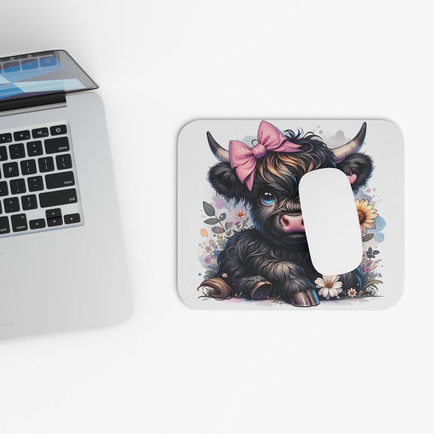 🖱️🌸🐮 Highland Calf Bow Mouse Pad – Sweet Country Charm for Your Desk
