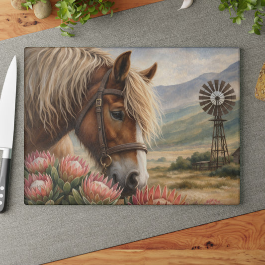 Western Horse and Windmill Glass Cutting Board – Rustic Farmhouse Country Kitchen Decor