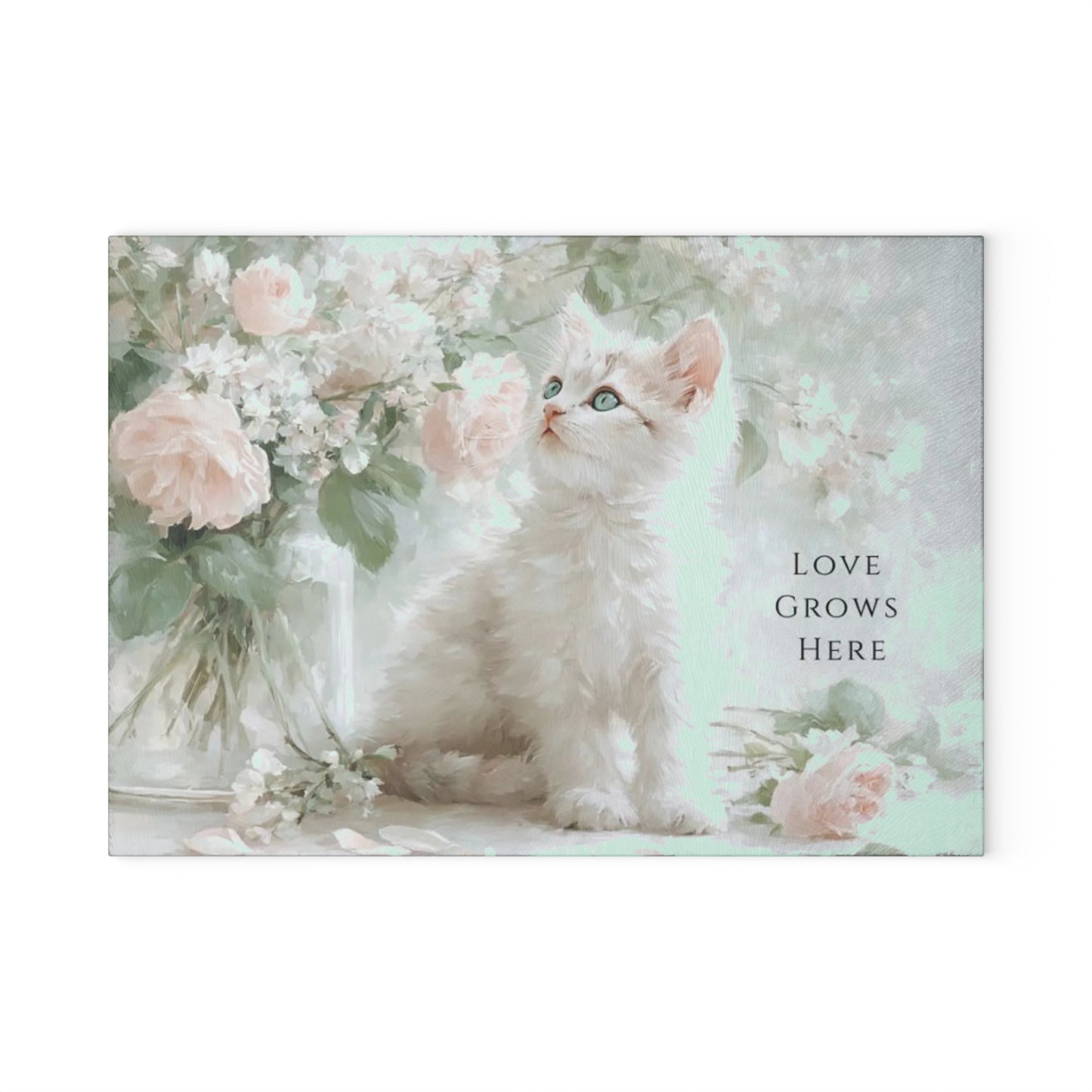 “Love Grows Here” Glass Cutting Board – Soft Cottage Floral Charm