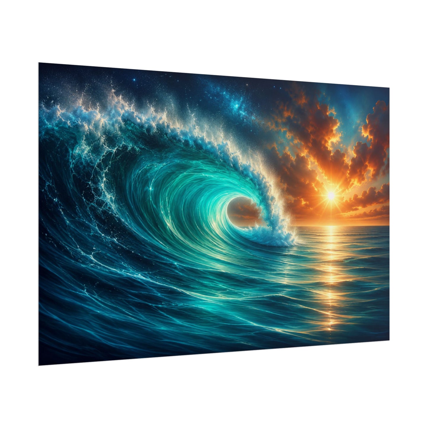 Dramatic Ocean Wave & Sunset Rolled Poster – Coastal Seascape Wall Art – 36 × 24 Inches