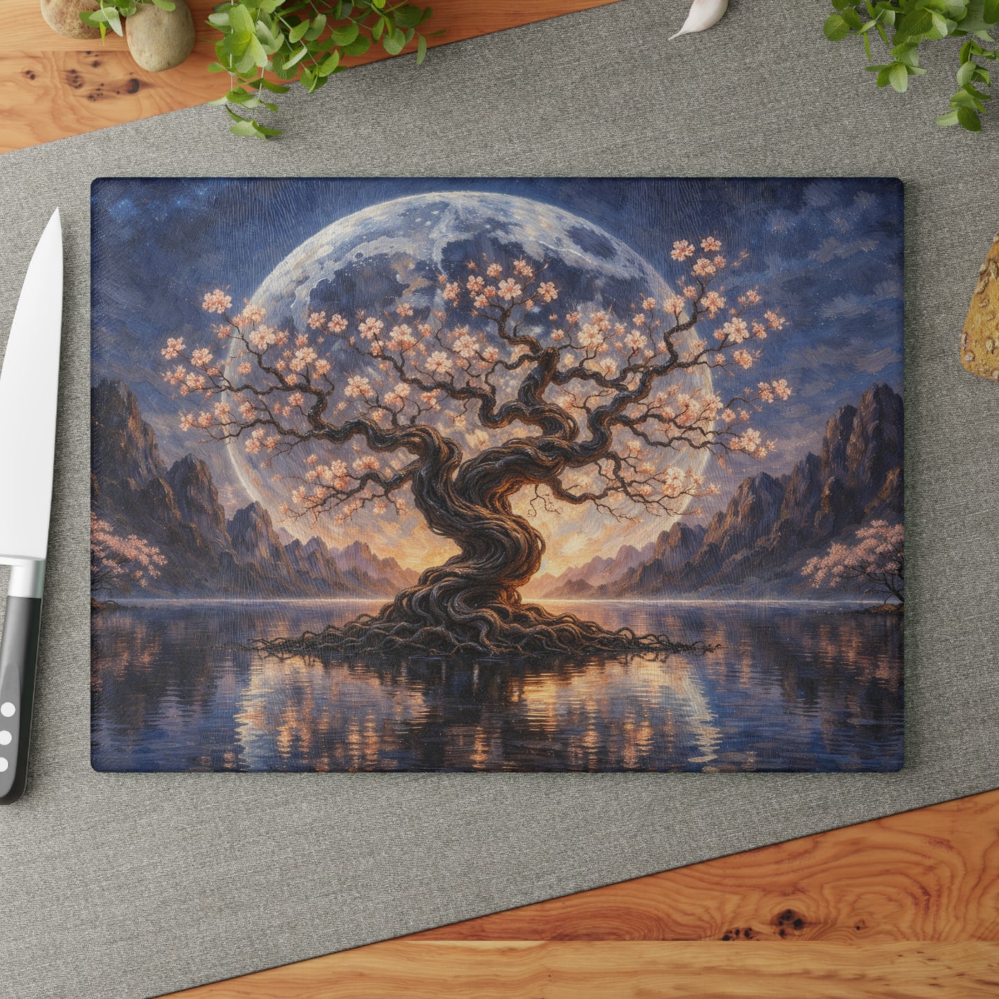 Moonlit Blossom Tree Glass Cutting Board – Dreamlike Fantasy Kitchen Art