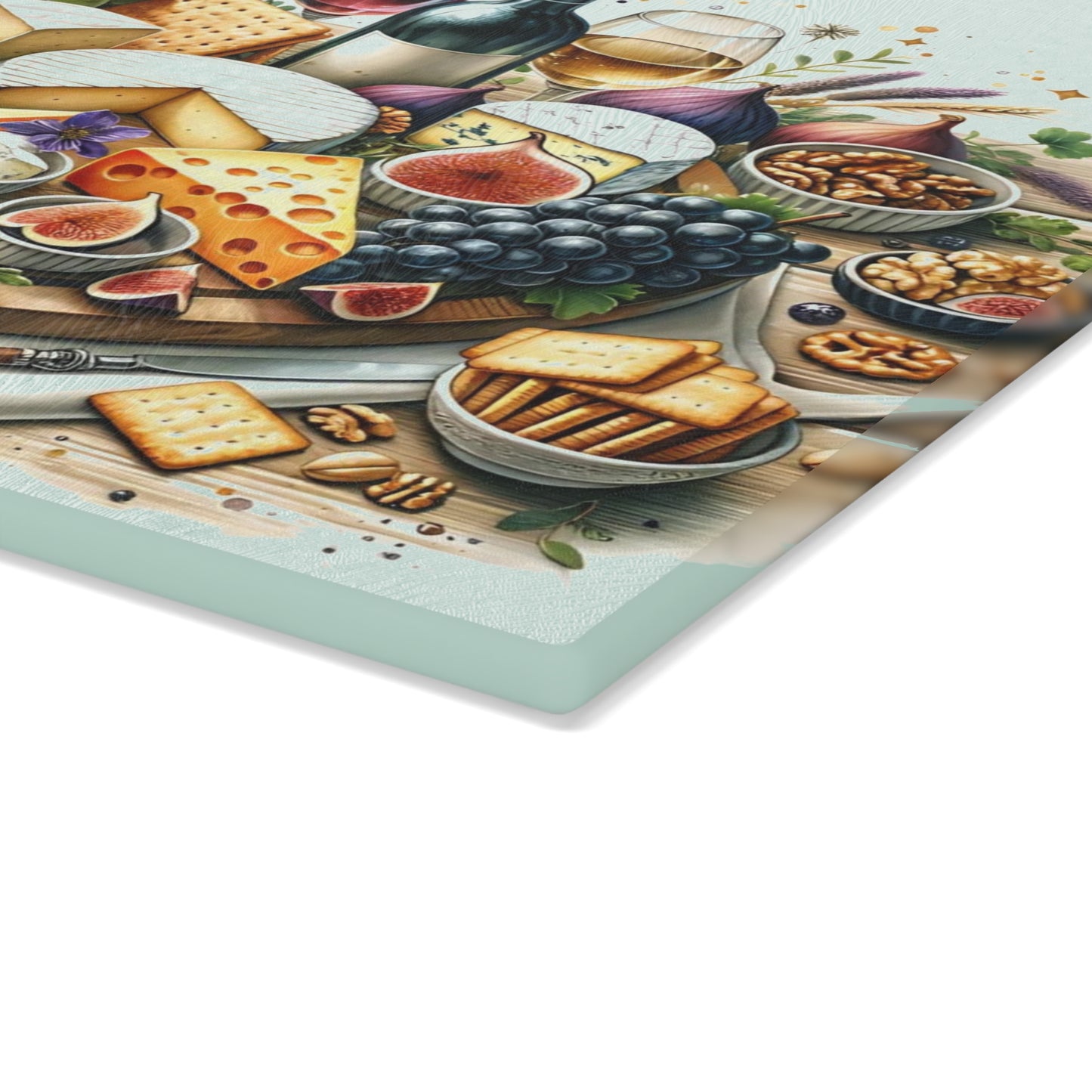 🍷🧀 “Gourmet Spread & Sparkle” Glass Cutting Board – Cozy Charm for Your Kitchen