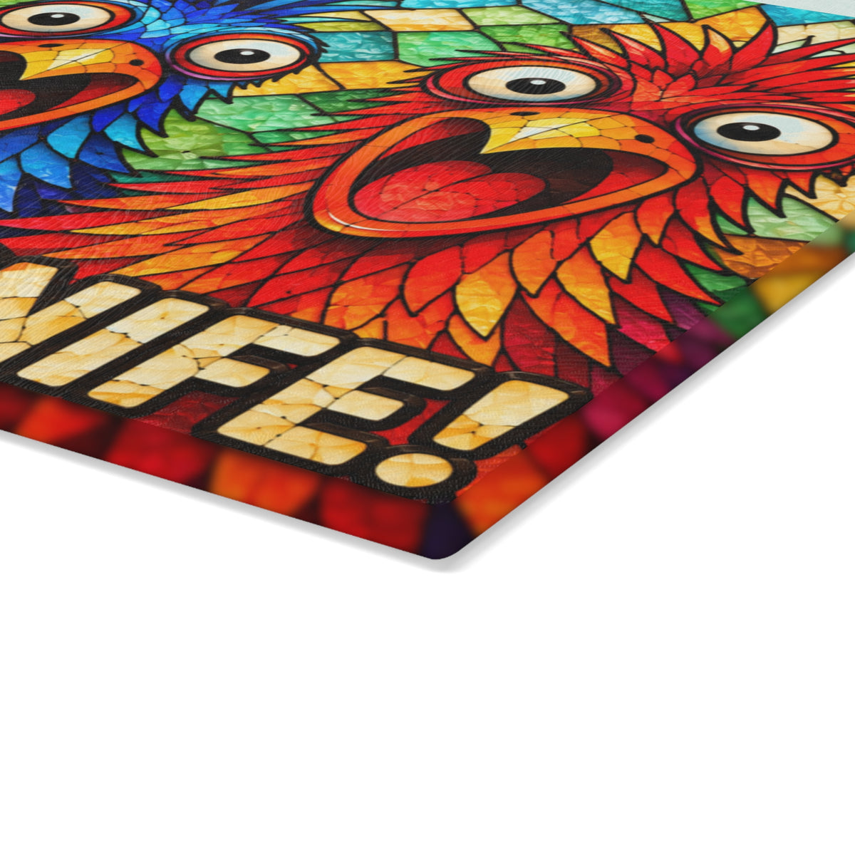 Funny Colorful Birds Stained Glass Look Glass Cutting Board – “He Has a Knife!” Kitchen Decor