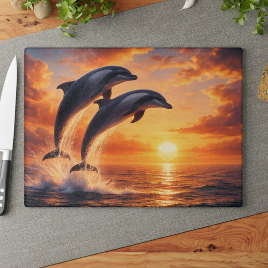 Dolphins at Sunset Glass Cutting Board – Peaceful Ocean Artwork with Golden Horizon