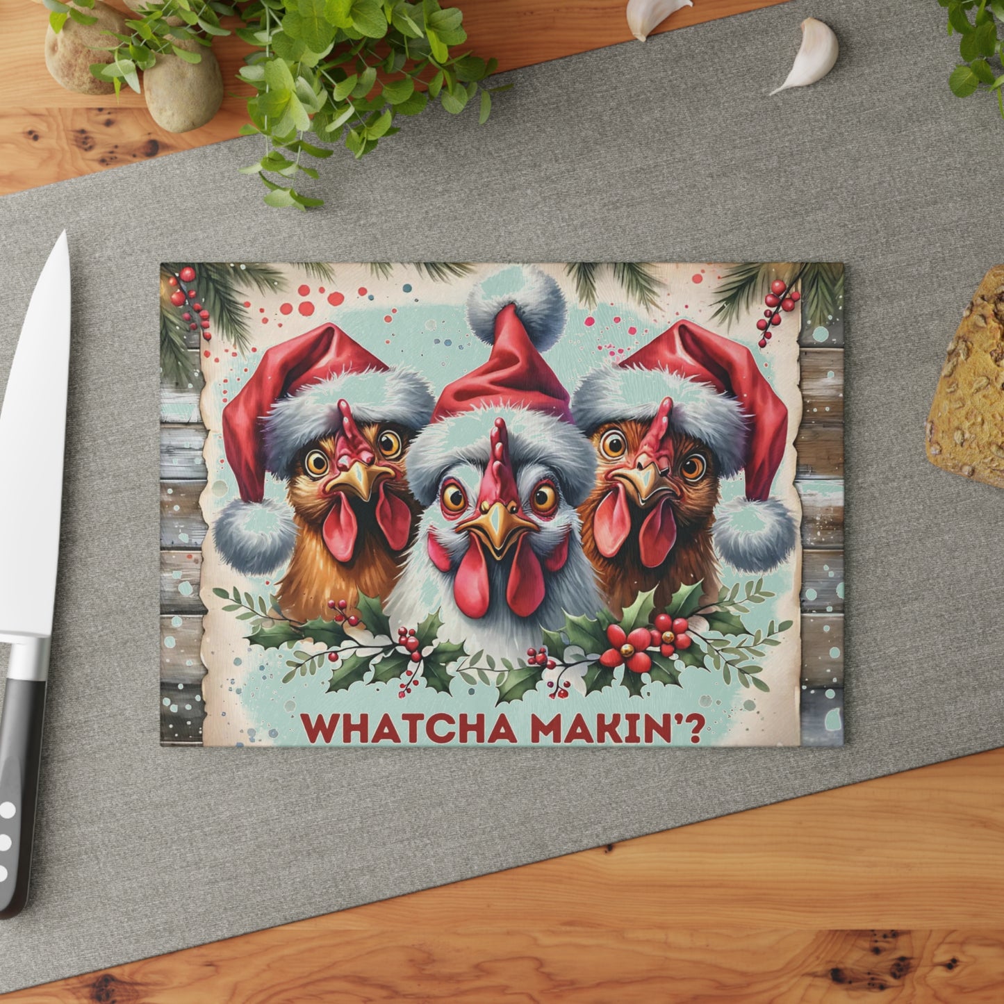 🎄🐔 “Whatcha Makin’?” Glass Cutting Board – Christmas Chickens & Kitchen Giggles